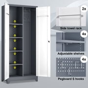 72.8H Broom Closet Cabinet, Locking Storage Cabinet,Garage Storage Cabinet with Doors and Shelves,Tall Broom Tool Organizer,Cleaning Tool Cabinet with Hooks for Utility Room