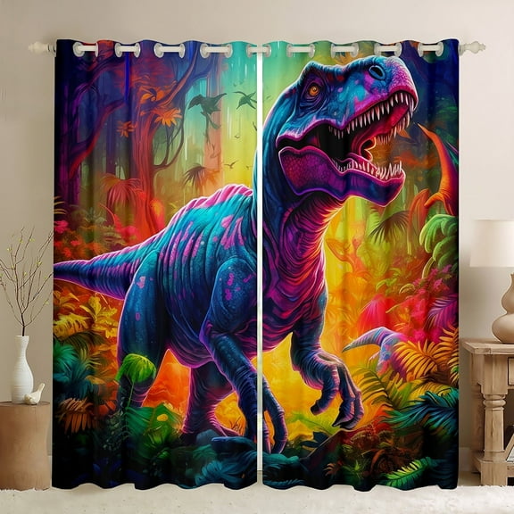 Erosebridal Dinosaur Blackout Curtains Watercolor Dino Curtains & Drapes, Tyrannosaurus Rex Curtains Rainbow Jungle Black Out Curtains, Wild Animal Window Drapes
