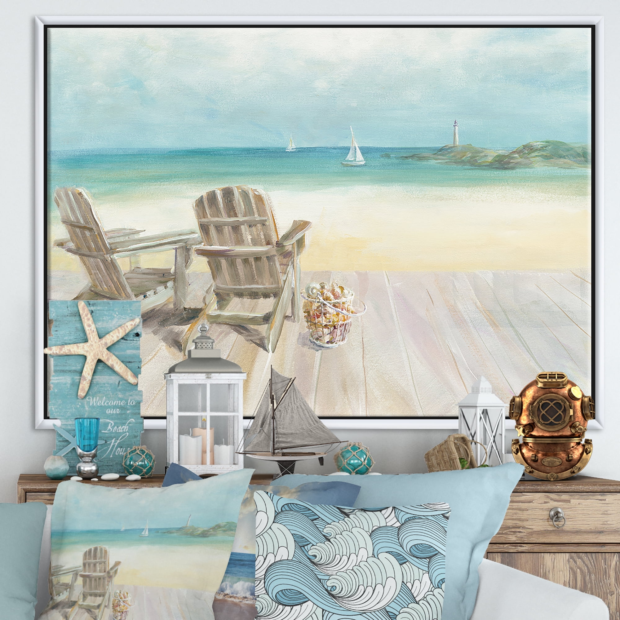 Designart ' Seaside Morning no Window ' Coastal Framed Canvas