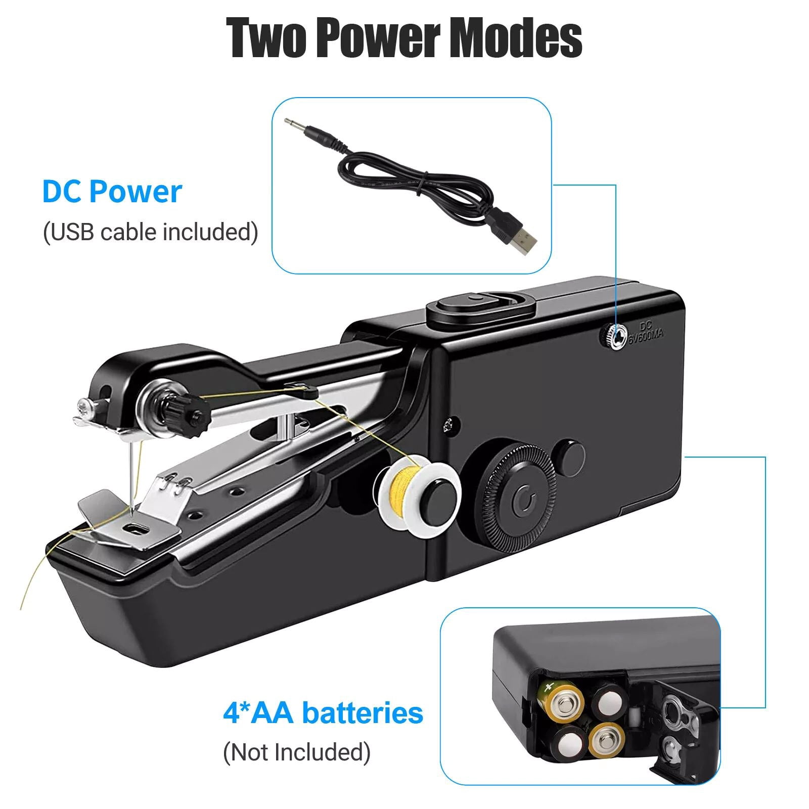 GUYUTING Black Sewing Machine Portable Metal & Plastic Dual Speed Fabrics up to 1.8mm Complete Kit Thread Pins Scissors USB