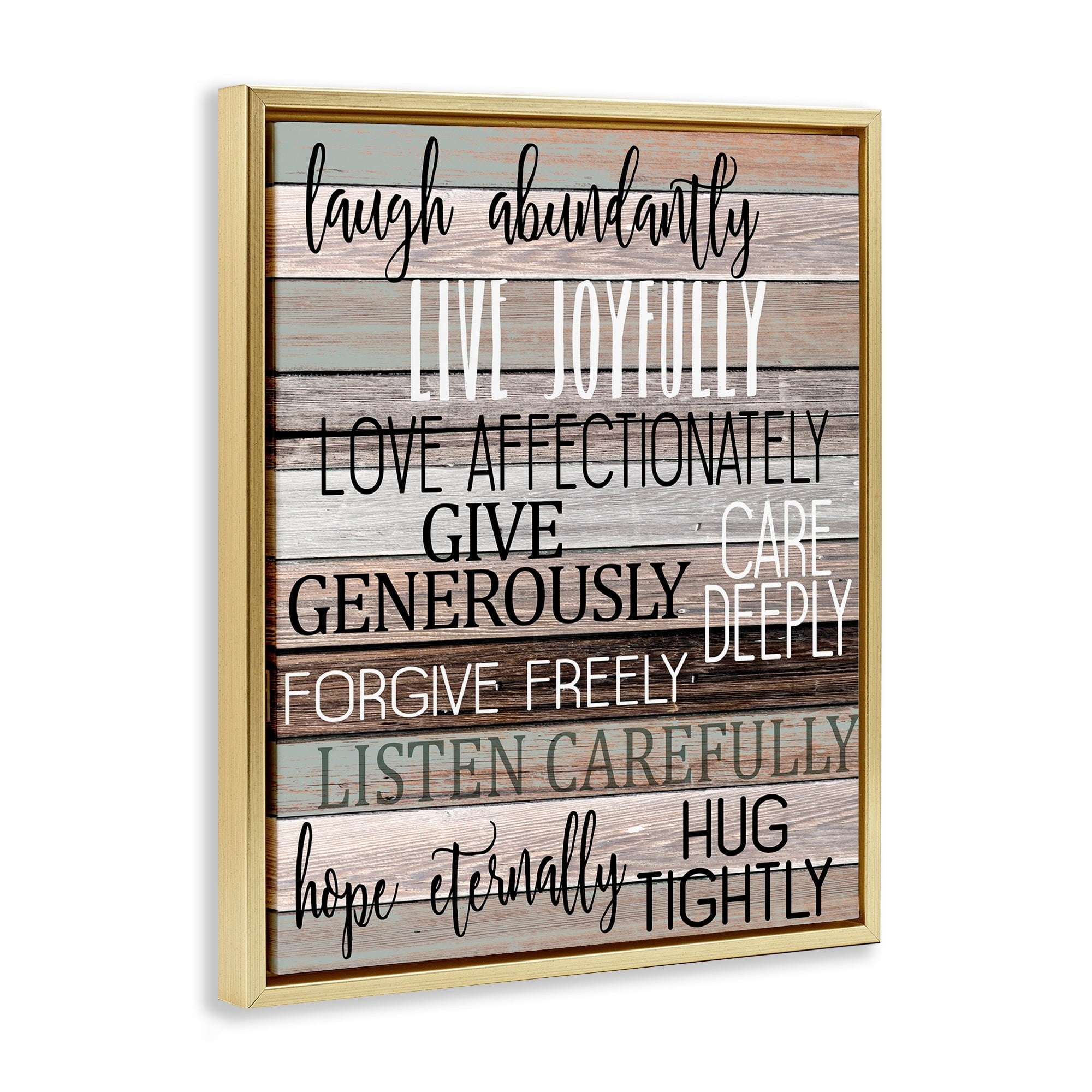 Stupell Industries Live Joyfully Phrases on Wood Grain Brown Tan Teal Metallic Gold Framed Floating Canvas Wall Art, 24x30, by Kim Allen