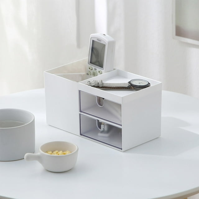 Organizador de escritorio ABS blanco y azul con 2 cajones y 3 compartimentos | Caja para guardar maquillaje y artículos de oficina, ideal para escritorio, tocador o oficina en casa.