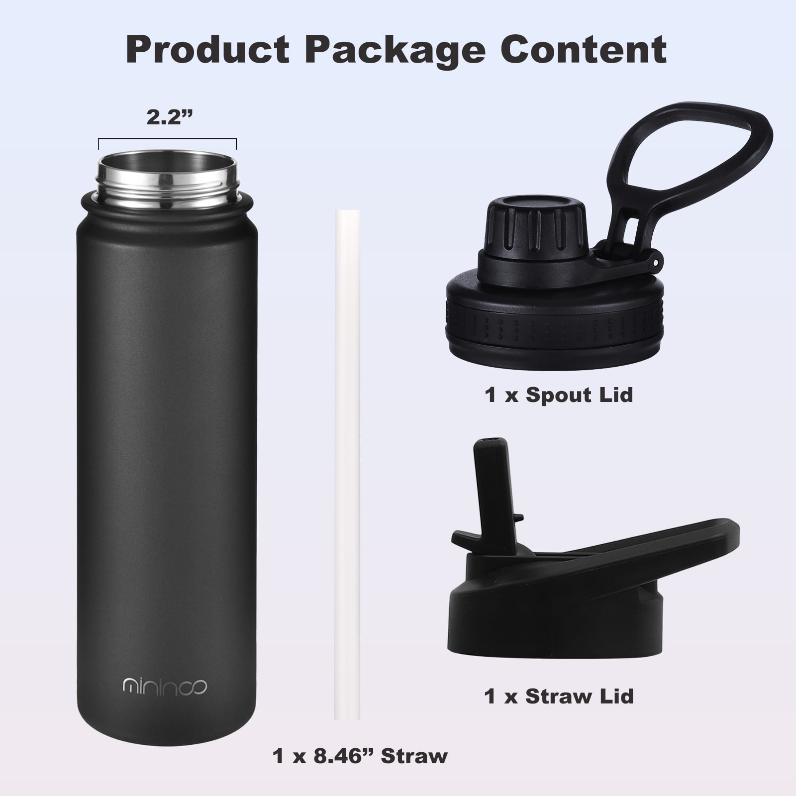 Mininoo 24 oz Insulated Stainless Steel Water Bottle with Straw Lid, Black