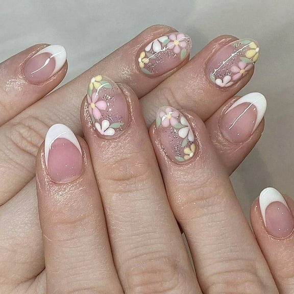 Aellinatey Flower Press on Nail Acrylic Nail French Tip Glossy Short False Nail 24Pcs