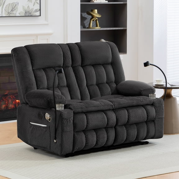 Manual Reclining Loveseat Sofa, Dual Recliner Couch with Cup Holders, USB Charging Ports, Phone Holders,2-Seater Recliner Sofa for Living Room, Apartment, RV or Small Space (Grey)