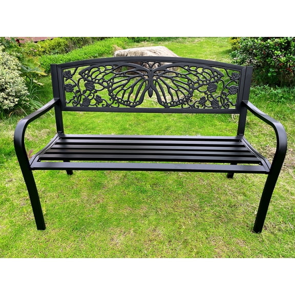 50" Outdoor Metal Garden Bench with Butterfly Backrest Design - Black