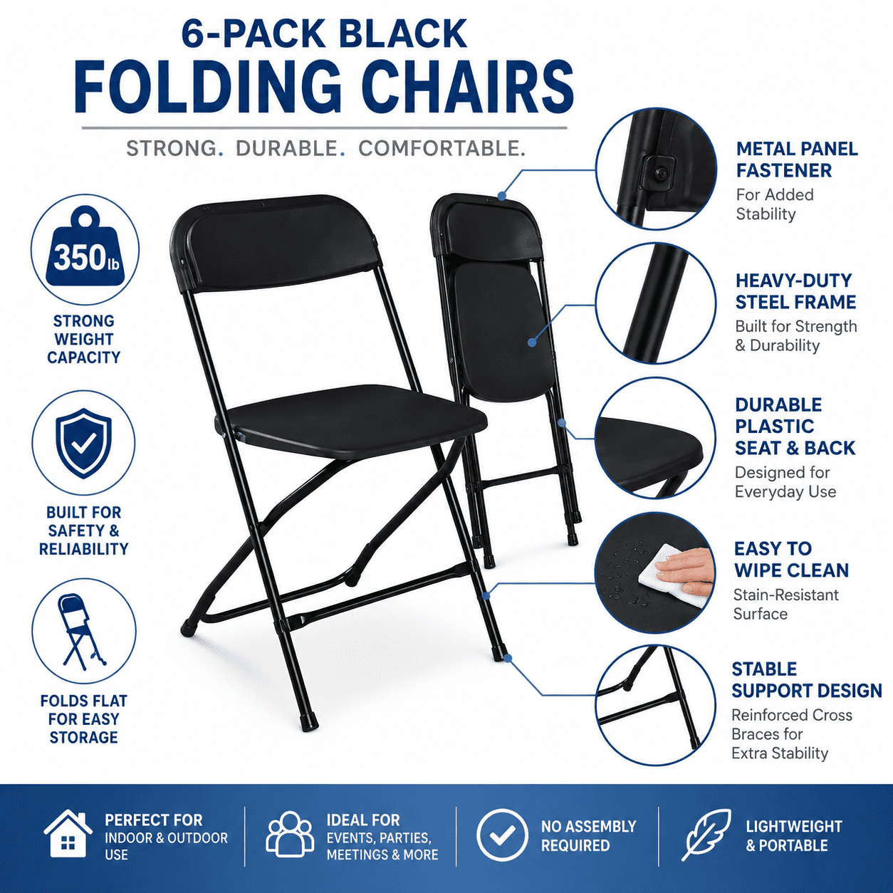 Alvantor 6 Pack Plastic Folding Chairs Black Heavy Duty Indoor Outdoor Portable Stackable Chairs for Party Office Event