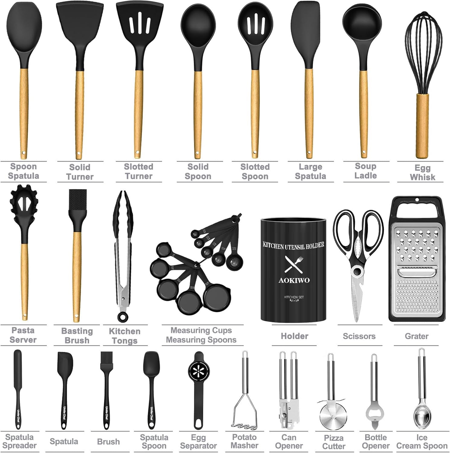 Kitchen Utensil Set, AOKIWO 34Pieces Silicone Cooking Utensil Set with Wooden Handle, Heat Resistant Spatula Set Gadgets Tools Cookware, Black