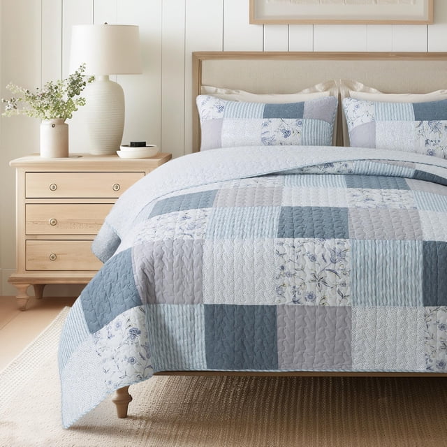 SLPR Juego de edredón de algodón de ensueño costero, tamaño Queen con 2 fundas de almohada, colcha acolchada de patchwork suave de color morado y azul, ropa de cama de estilo rural para todas las esta