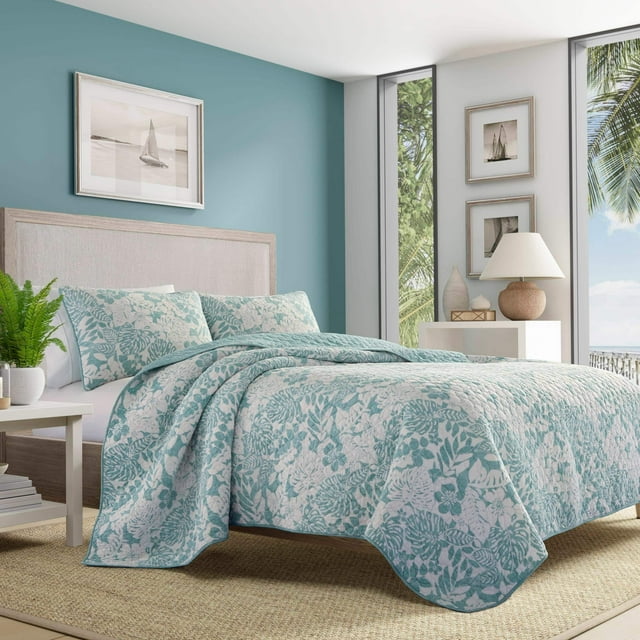 Tommy Bahama | Laguna Beach Collection | Quilt Set-100% Cotton, Lightweight & Breathable, Pre-Washed for Added Comfort, Queen, Aqua
