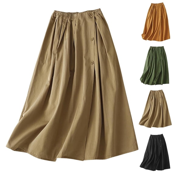 Antinious Winter Skirts for Women,Skirts for Women Trendy,Fashion Ladies Solid Casual High Waist Tiered Skirts With Pockets,Khaki,L