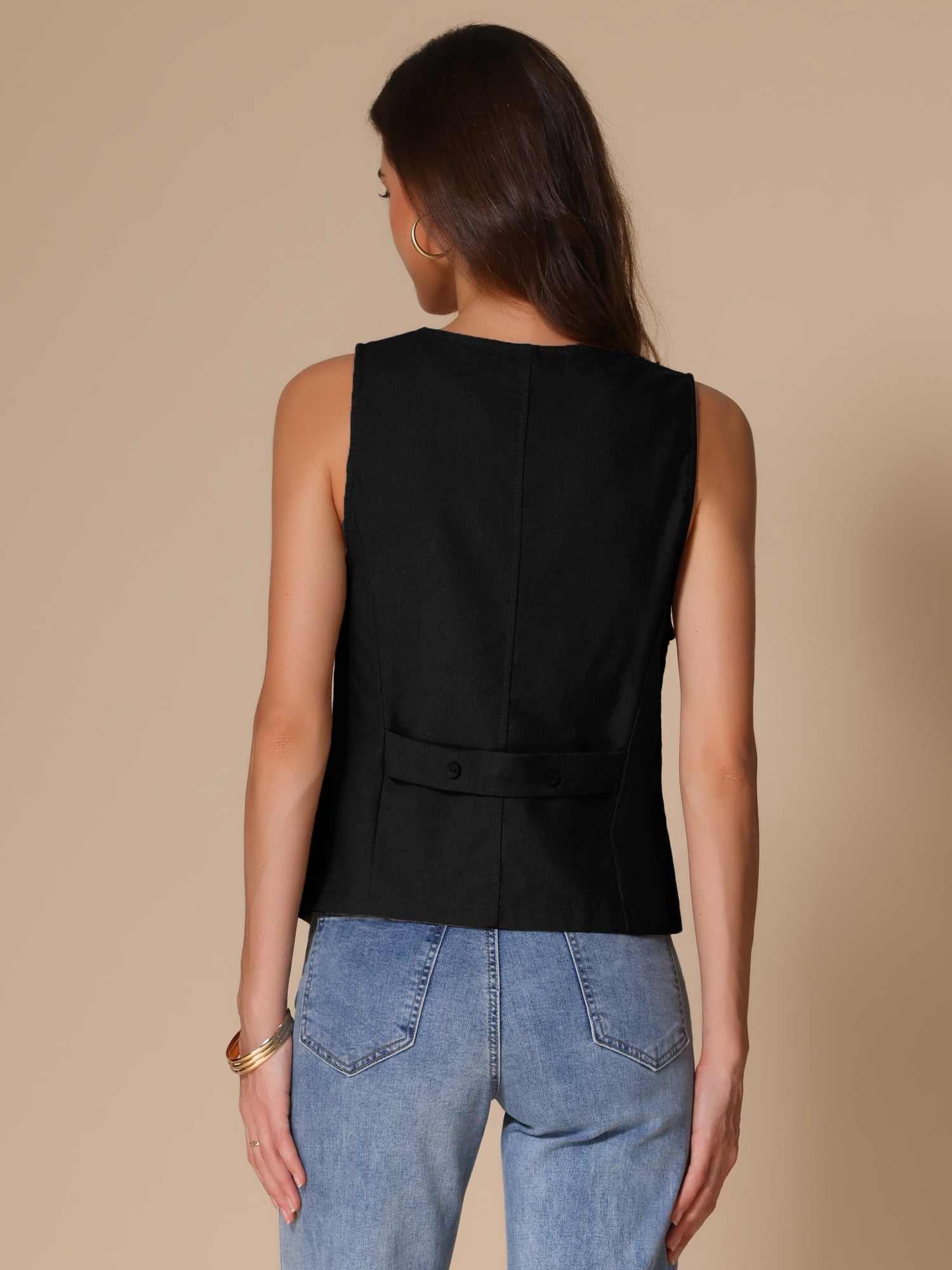 DARING DIVA Womens Linen Vest Loose Sleeveless Blazer Lightweight Jacket L Black