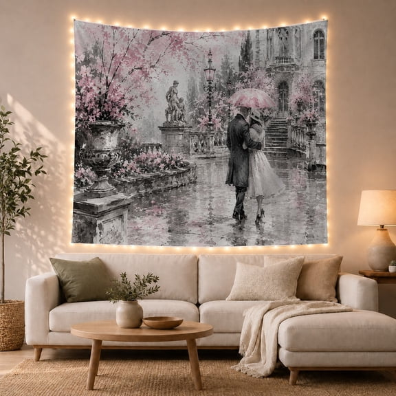 Couple Under Pink Umbrella in Gray Courtyard, Romantic Watercolor for Art Lovers, Garden Wall Art, Anniversary Gift Tapestry Wall Hanging for Bedroom and Living Room