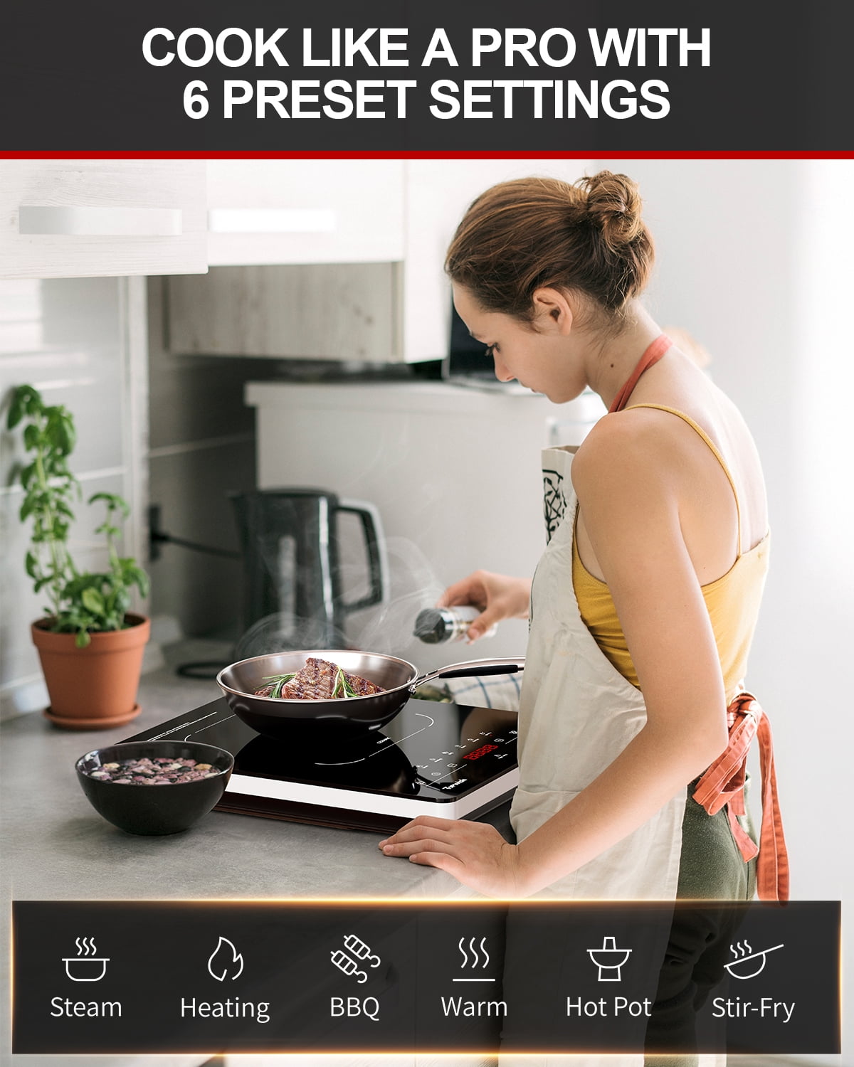 TOPWISH Portable Electric Cooktop, 1300W Single-Burner Ceramic Hot Plate, 110–120V Countertop Stove with 6 Preset Functions, 10 Power Levels, LED Touch Control, Timer, Child Lock & Residual Heat Indi