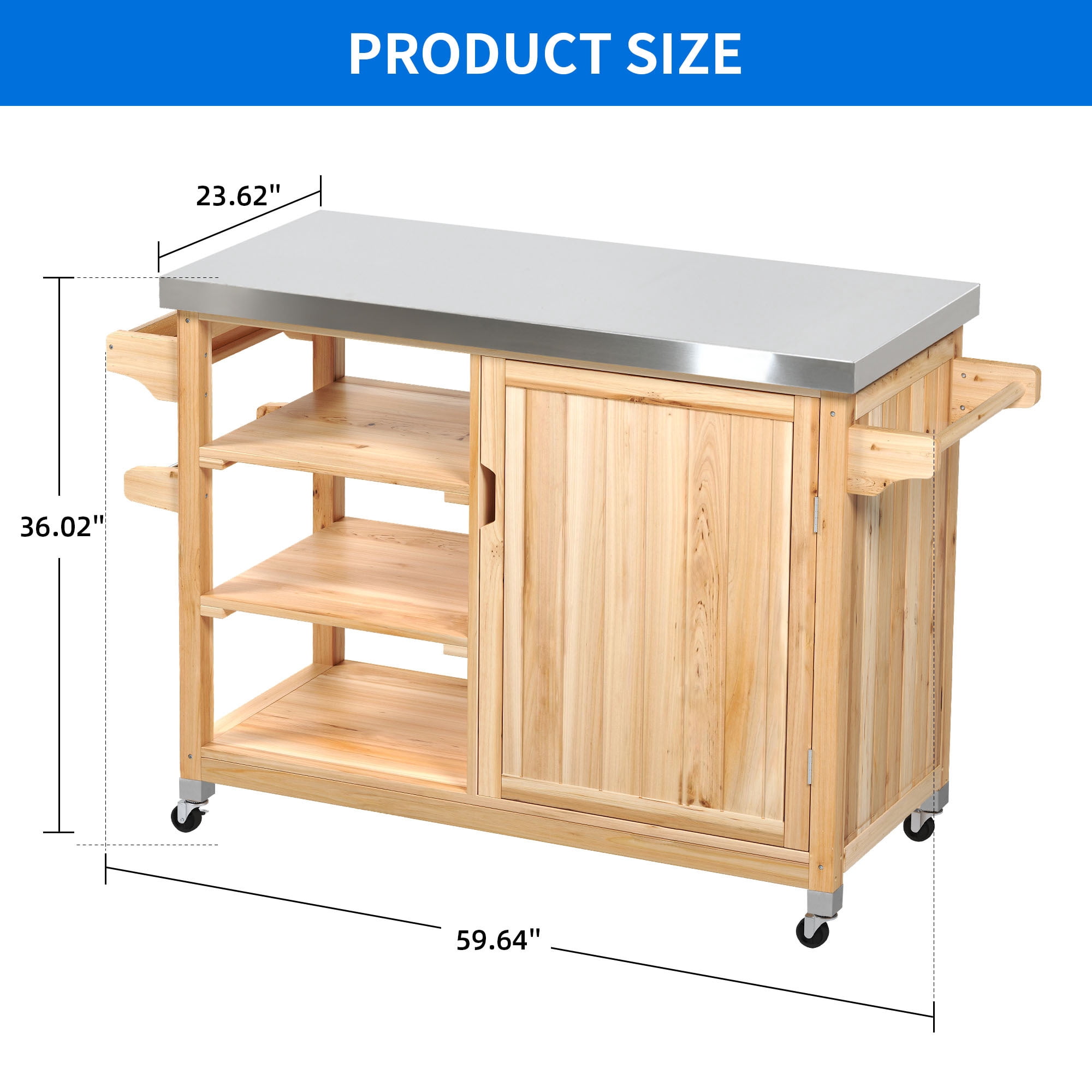 Uforic Outdoor Grill Table Solid Wood Storage Cabinet, Rolling Kitchen Island, Movable Bar Cart with Stainless Steel Top