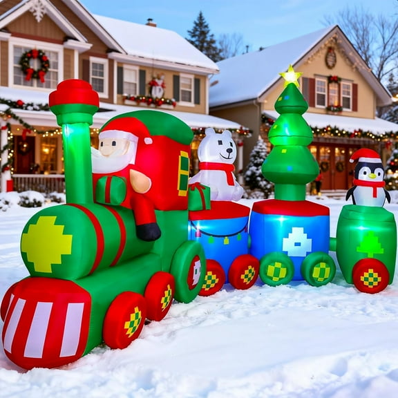 14FT Christmas Inflatables Train with Santa Claus Bear Penguin Christmas Tress Built-in LED Lights Blow Up for Party Holiday Decor Indoor Outdoor Garden Lawn Yard Decorations