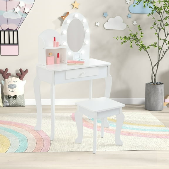 Kids Vanity Table and Chair set with Light and Mirror, Girls Makeup Vanity Desk with Makeup Play set, Toddler rounded Corner Dressing Table with Storage Grid and Drawer