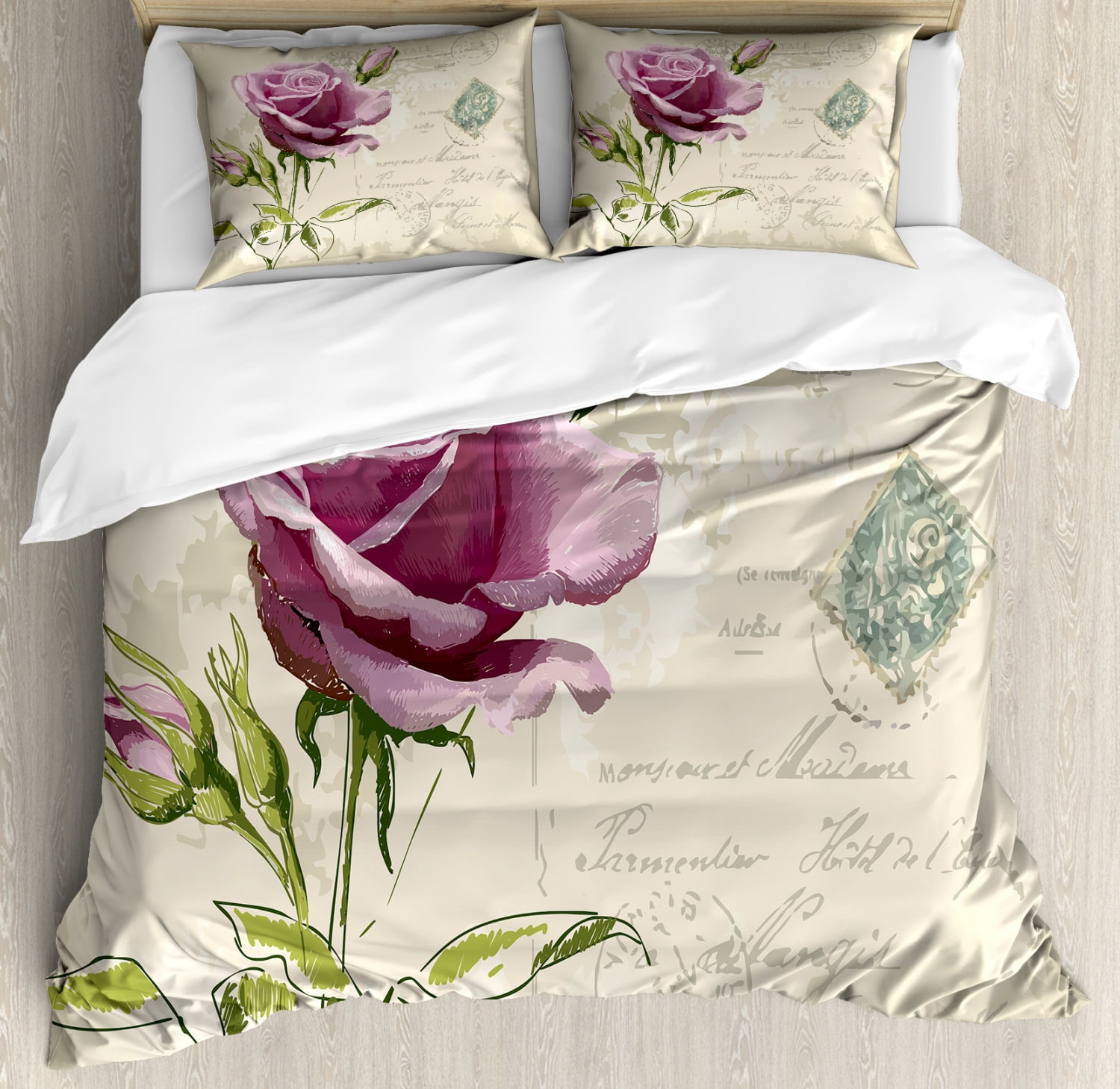 Rose Duvet Cover Set, Vintage Postcard Design with Delicate Rose