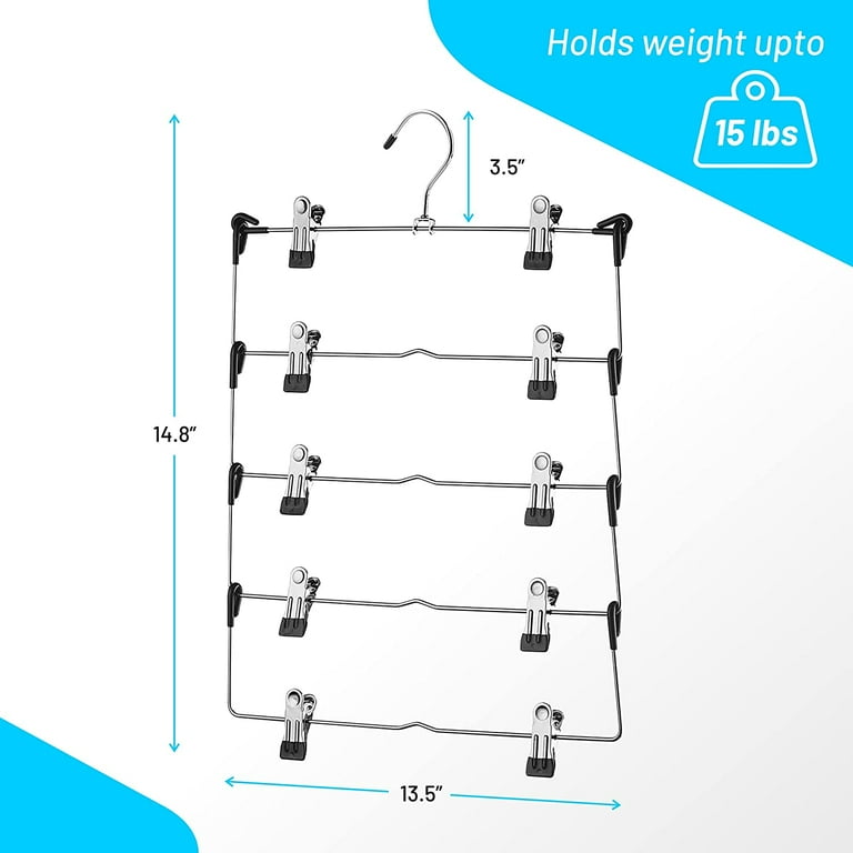 ZOBER Space Saving 5 Tier Metal Skirt Hanger with Clips (3 Pack) Hang  5-on-1, Gain 70% More Space, Rubber Coated Hanger Clips, 360