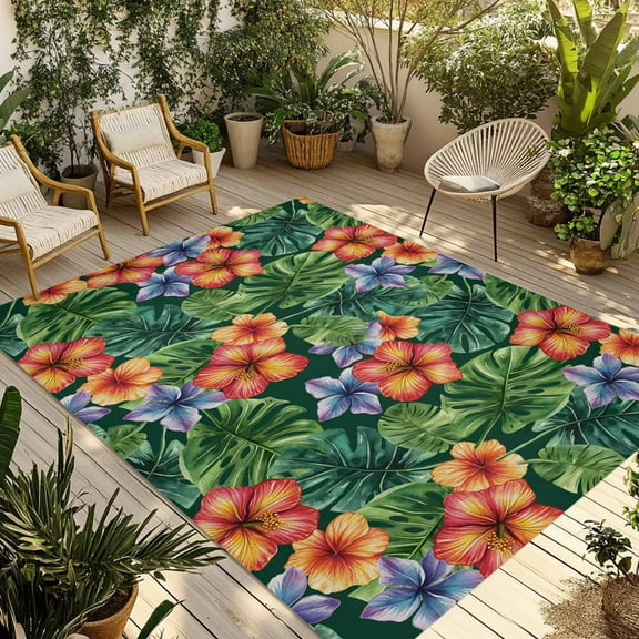 Fsddascl Tropical Botanical Outdoor Rug for Patio/Deck/Porch, Non-Slip Large Area Rug 6 x 9 Ft, Summer Watercolor Leaves Flowers Indoor Outdoor Rugs Washable Area Rugs, Reversible Camping Rug Carpet