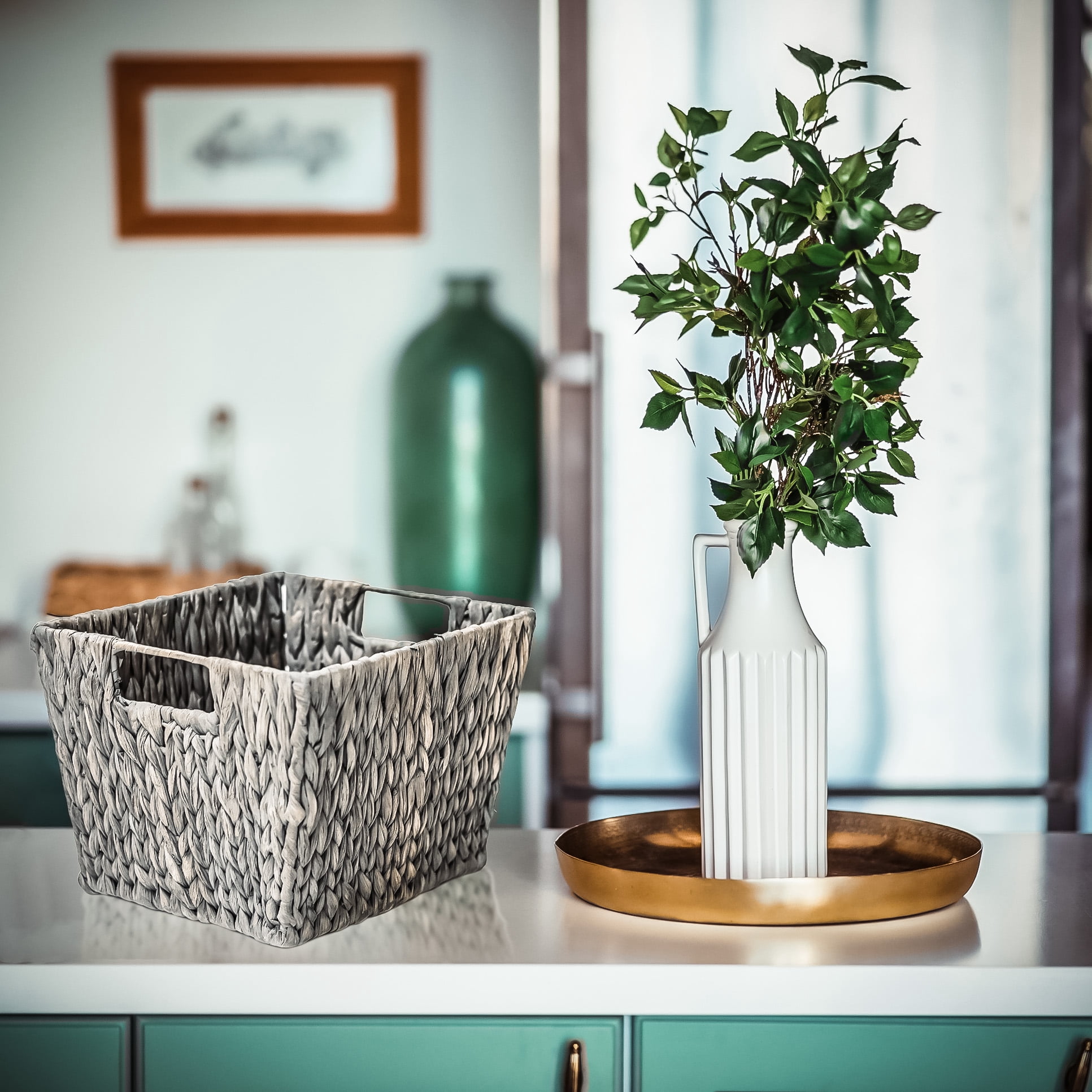 11.5 in x 10 in Rectangular Water Hyacinth Storage Basket with Handles (Set of 4, Grey)