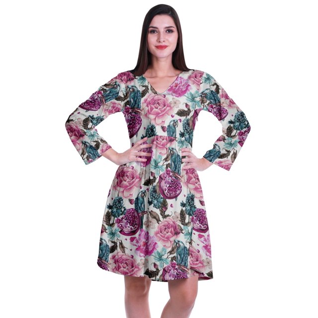 Moomaya Robe Courte Évasée Imprimée de Designer, Manches Longues, Tunique en Velours, Robes pour Femmes