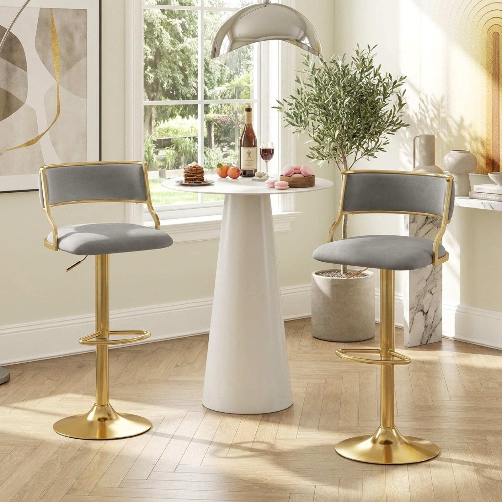 Furnibear Swivel Bar Stool Set of 2 Dutch Velvet Height Adjustable Island Stools for Kitchen Island Counter Bar Pub Dining Home, Grey
