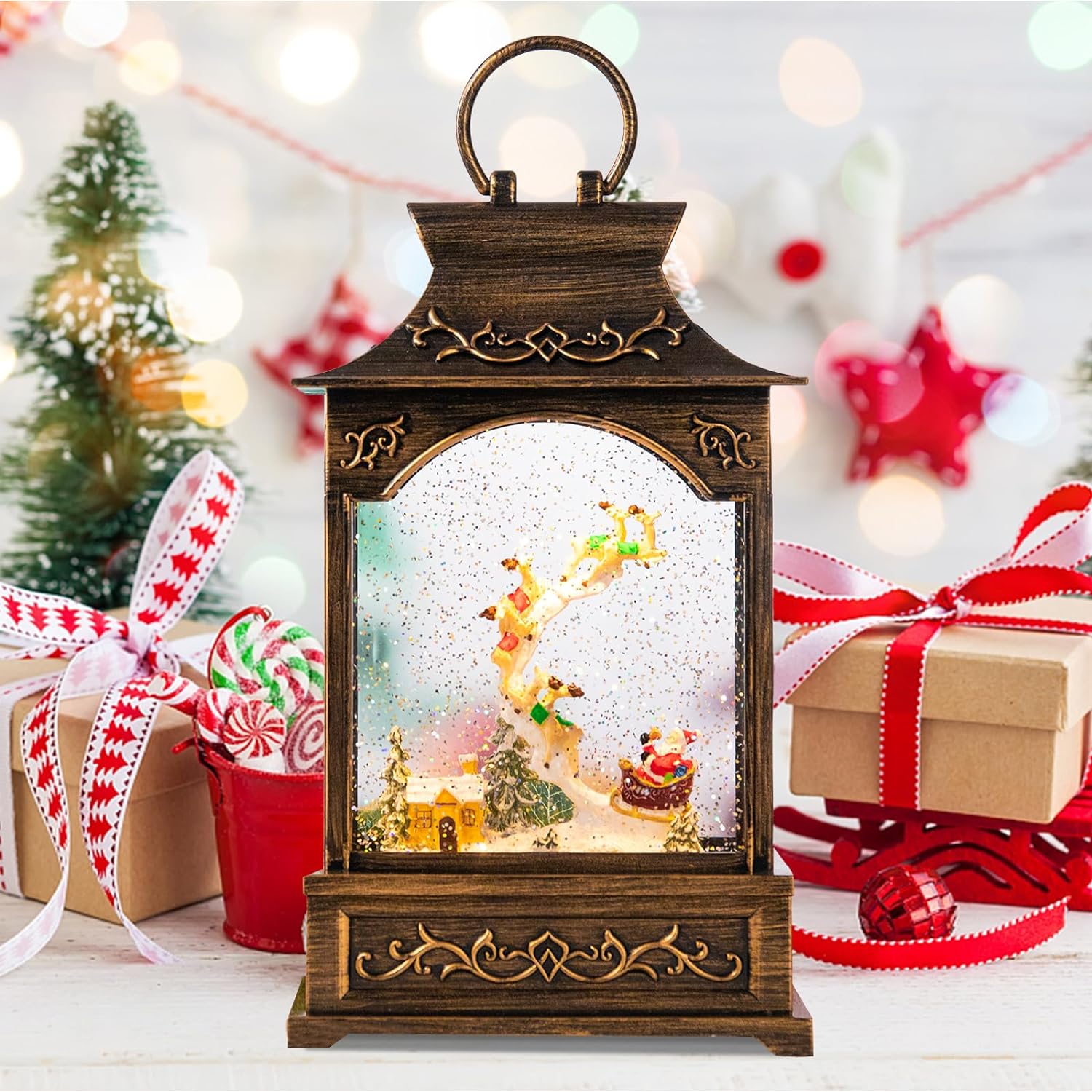 Musical Snow Globe Lantern – 9.7" Santa Claus Scene With Swirling Glitter, USB/Battery Powered