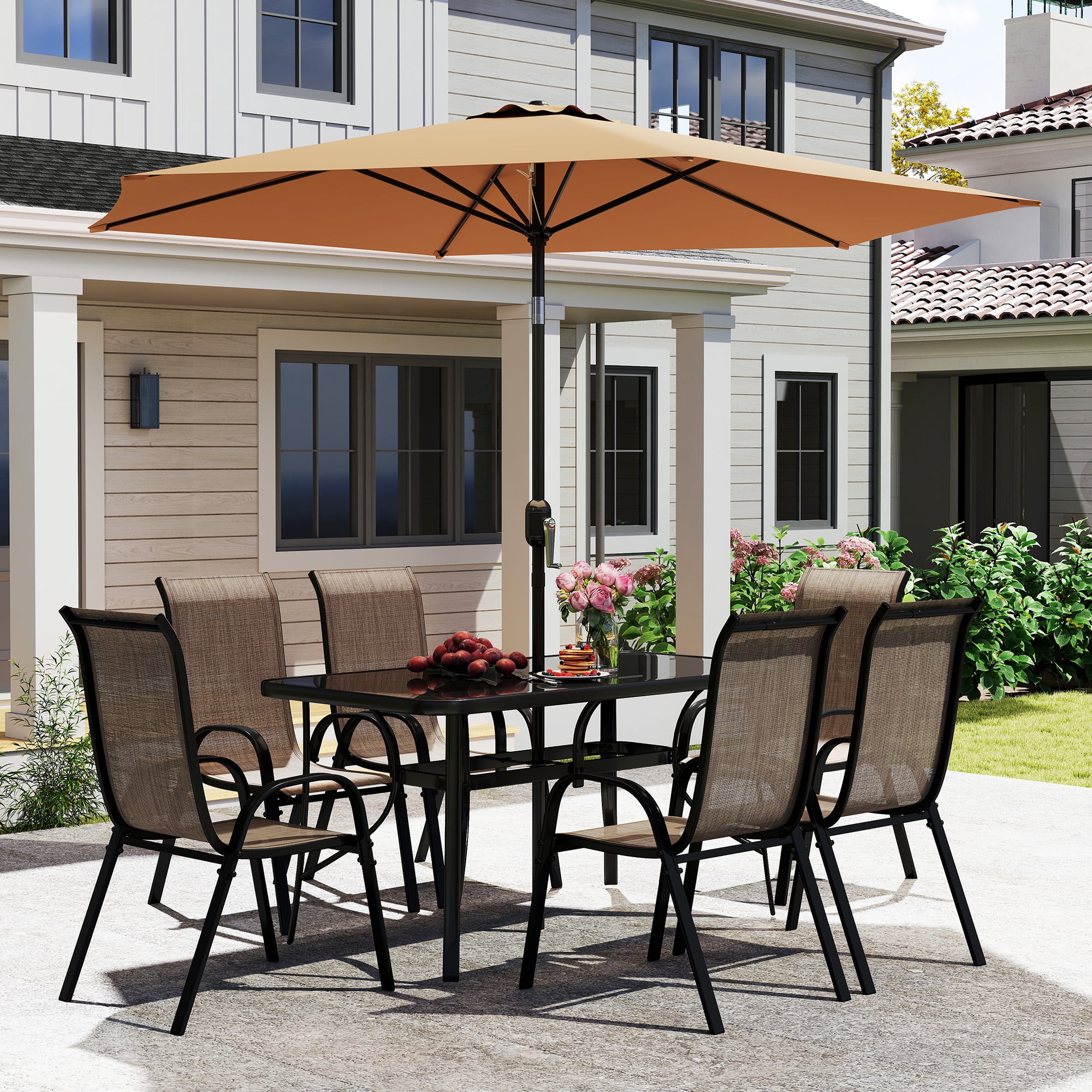 Outsunny 8 Piece Patio Furniture Set with Umbrella, Outdoor Dining Table and Chairs, 6 Chairs, Push Button Tilt and Crank Parasol, Glass Top, Brown