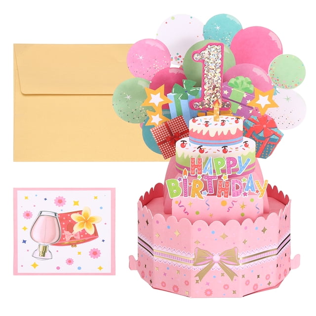 Uxcell 1st Birthday Card, Pop-Out Birthday Card with Greeting Card and Envelope for Women Girl Gift, Pink
