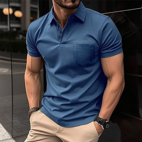 Adult Polo T Shirts for Men Short Sleeve Button Tees Shirts Lightweight Blue Mens Golf Shirts