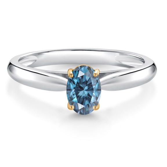 Gem Stone King 925 Silver and 10K Yellow Gold Solitaire Engagement Ring Persian Blue Oval Moissanite (0.45 Cttw) (Size 8)
