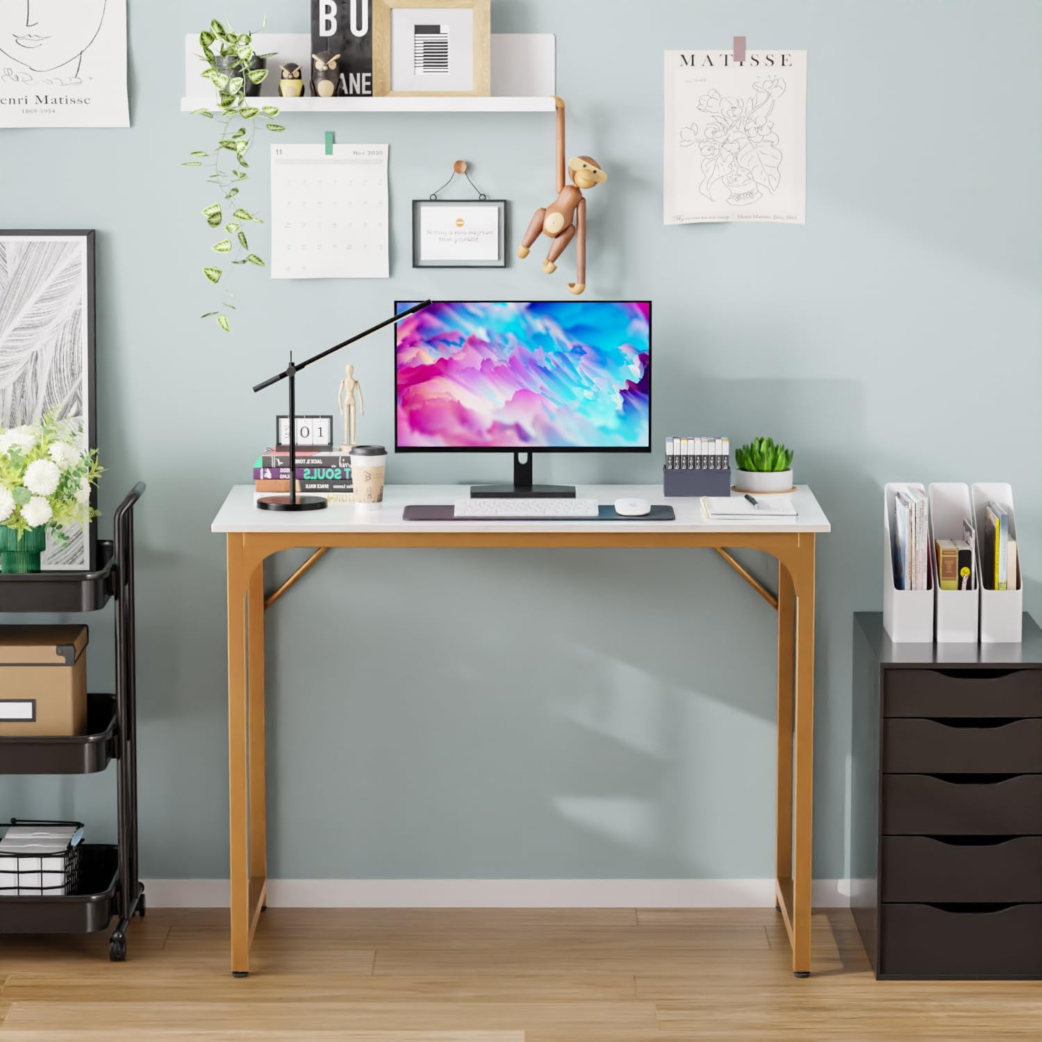 BestOffice 39 inch Computer Desk Modern Writing Desk, Simple Study Table, Industrial Office Desk, Sturdy Laptop Table for Home Office,Gold