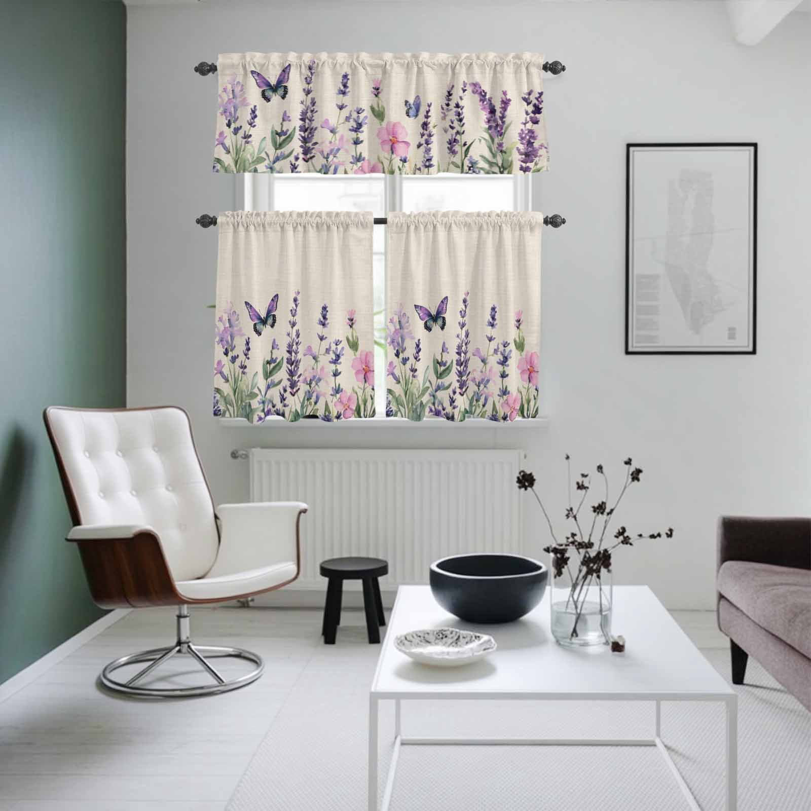 Purple Lavender Butterfly Kitchen Curtains Valances 3 Piece Set, Spring Purple Floral Flower Linen Texture Rod Pocket Tier Curtain and Valance Drapes for Small Window 24 Inch Length for Bedroom Cafe