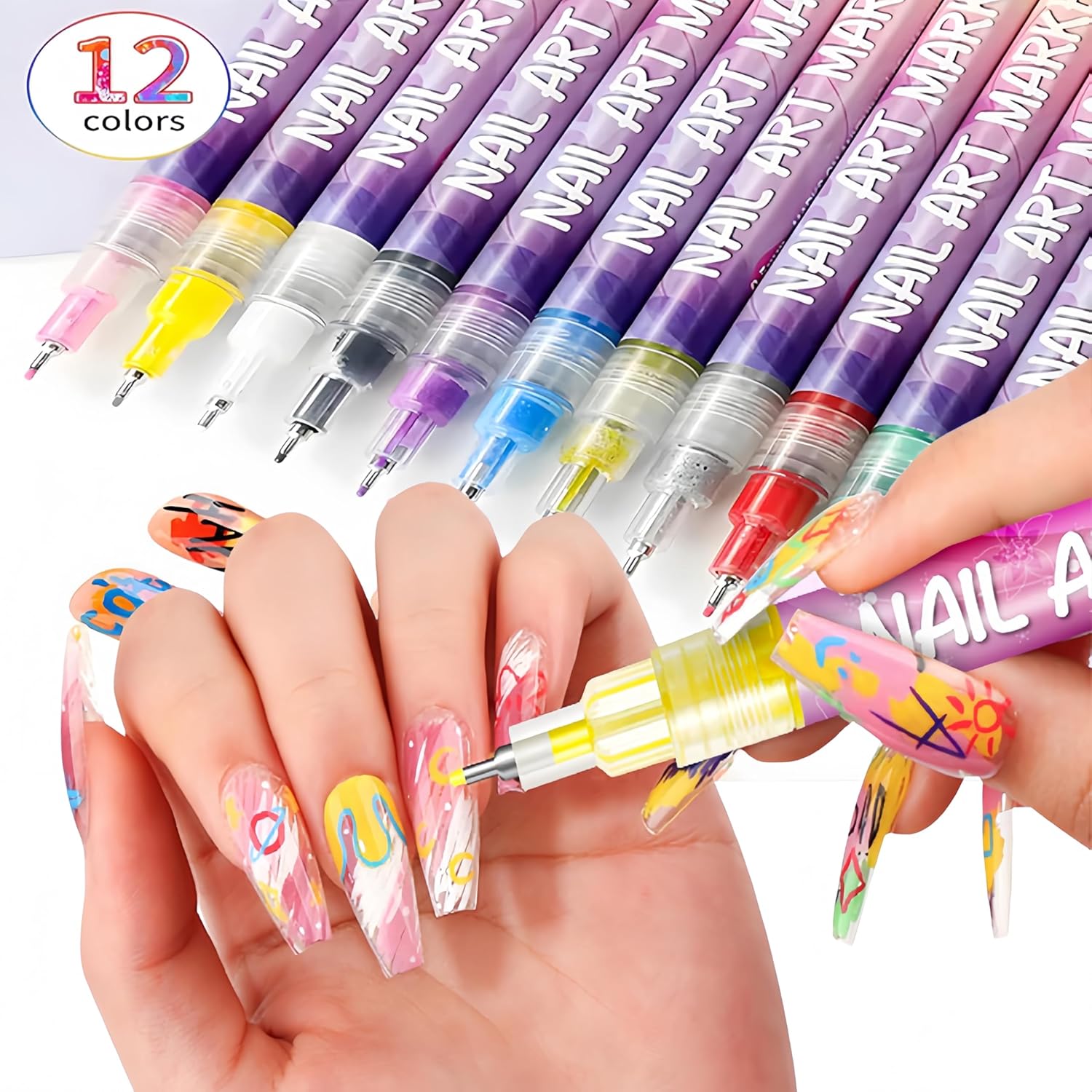 12 Colors Nail Art Pens Set, 3D Nail Polish Markers with Quick-Dry Dotting & Liner for DIY Drawing Painting