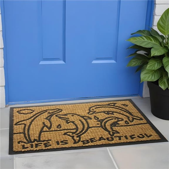 HomeRoots 555505 18 x 30 in. Brown & Black Rubber & Coir Dolphin Life is Beautiful Outdoor Door Mat