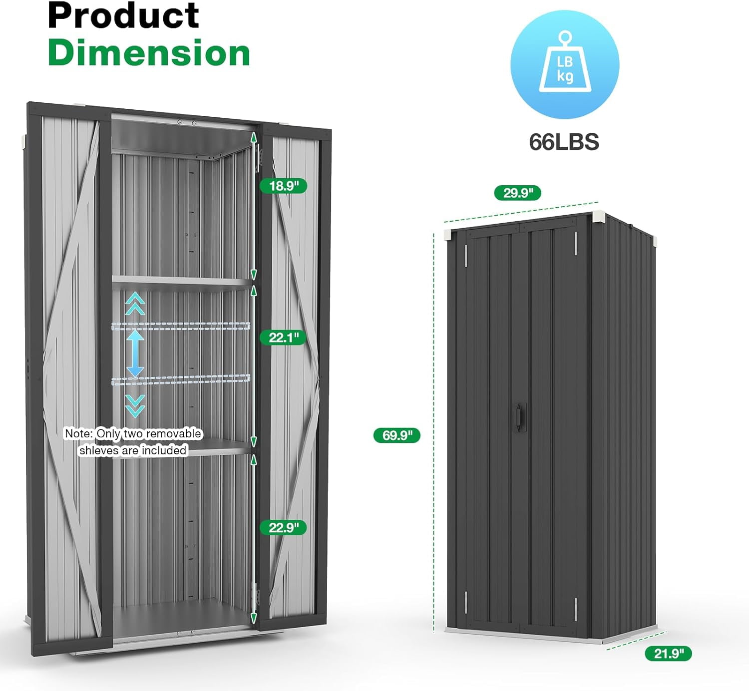AECOJOY Outdoor Storage Cabinet for Garden & Patio, a Metal Organizer with Doors and Shelves in Gray