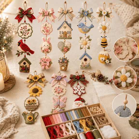 DIY Patchwork Hanging Decor Kit, Fabric Sewing Ornament Craft Set with 8 Seasonal Designs, Handmade Wall Door Decoration for Adults Beginners, Birthday Christmas Housewarming Gift