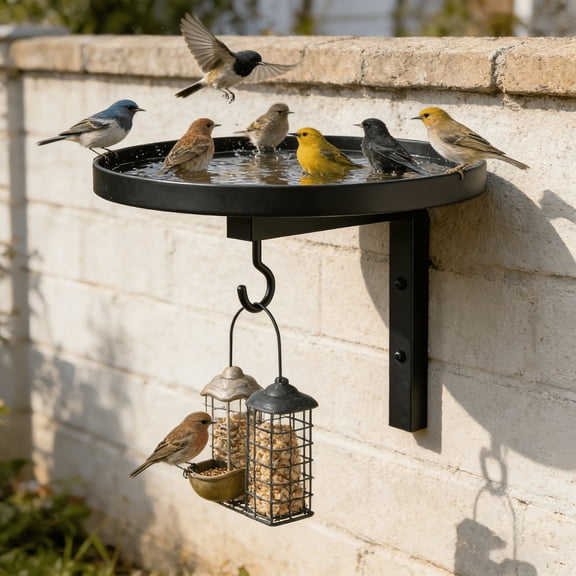 Wrought Iron Bird Feeder Wall Mounted Hanging Bird Bath Tray and Flower Stand for Outdoor Garden Courtyard Patio Decoration, 9x6 Inch