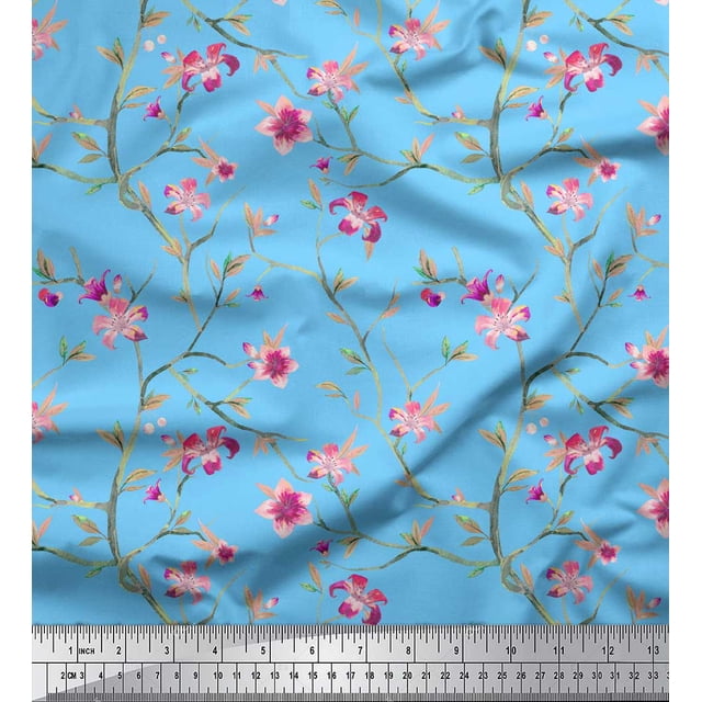 Soimoi Poly Georgette Fabric Leaves & Lily Floral Decor Fabric Printed Yard 42 Inch Wide