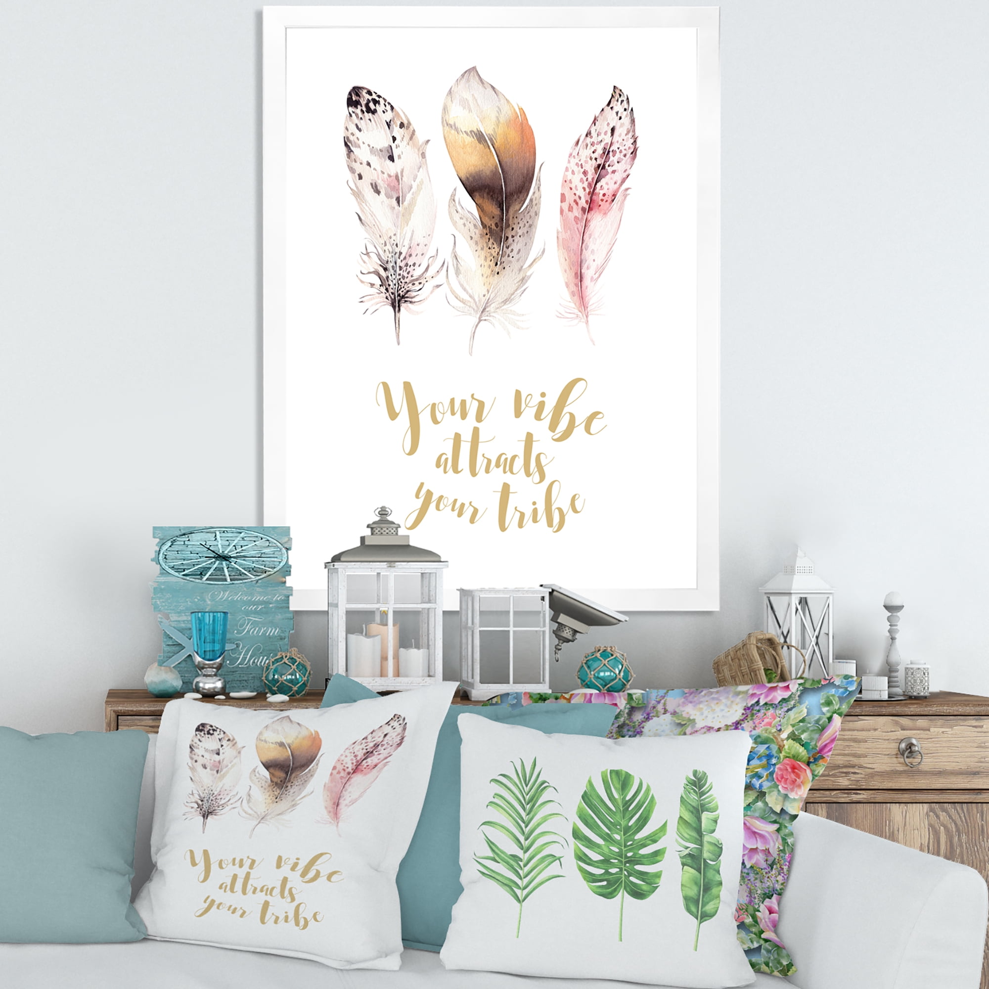 Designart 'Your Vibe Attracts Your Tribe Ethnic Feathers I' Bohemian & Eclectic Framed Art Print