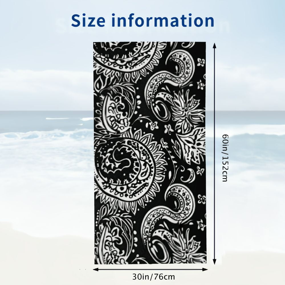 PHYHOO Black and White Indian Paisley Patterns Beach Towel, Sand Free Microfiber Beach Blanket, Quick Dry Absorbent Bath Towels for Swimming Pool, Camping, Picnic, Yoga Gym Sports 30x60in