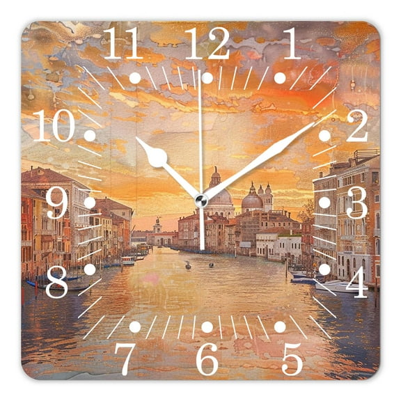 14 Inch Wall Clock Battery Operated Square Clock for Office, Kitchen, Outdoor, Living Room,Italy Sunset Venice Cityscape Fantastic