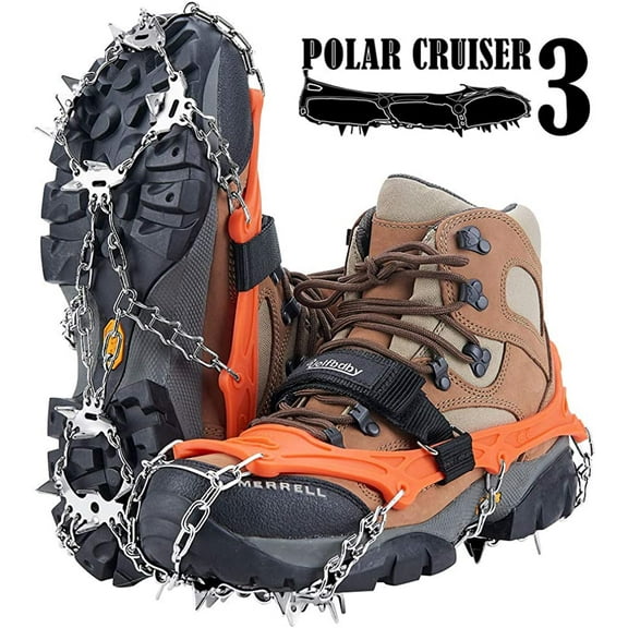 Crampons Upgraded 19 Spikes Ice Snow Grips Traction Cleats System Safe Protect for Walking, Jogging, or Hiking on Snow and Ice (Fit S/M/L/XL/XXL Shoes/Boots)