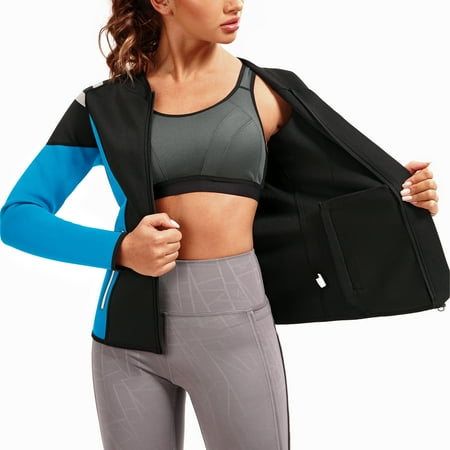 

Molutan Womens Neoprene Sauna Body Shaper Suit Hot Sweat Tummy Slimmer Workout Jacket Top Full Zip Up(Blue 3XL)