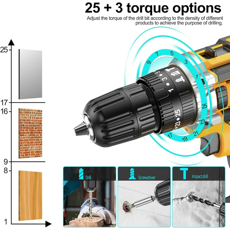 Hoey 21V Cordless Drill Set 34Pcs 3 8 Inch Chuck 25 3 Clutch 45Nm Torque 2 Speed Battery Charger Walmart