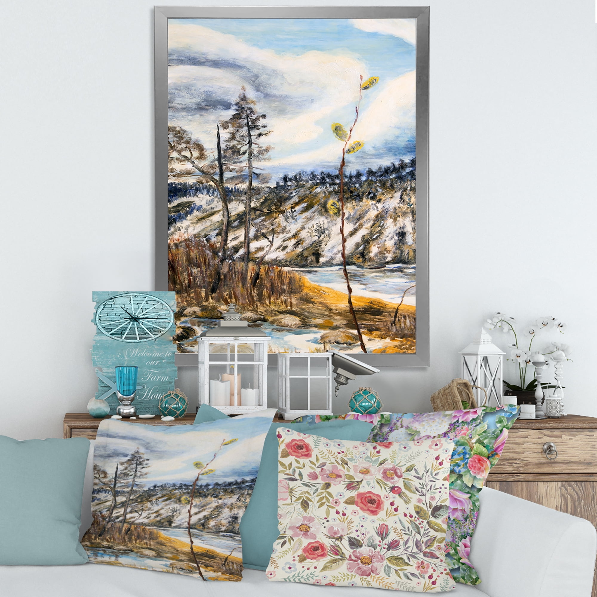 Designart 'The Cloudy Sky and The River With Spring Landscape' Lake House Framed Art Print