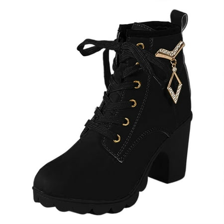 YHGFVOKJ Boots for Women Solid Versatile Large Size Thick Heel Mid Heel Short Sleeve Leather Boots New Lace Up Round Toe Casual Fashionable Ankle Boots Shoes Winter Shoes for Women 2024 Black 41