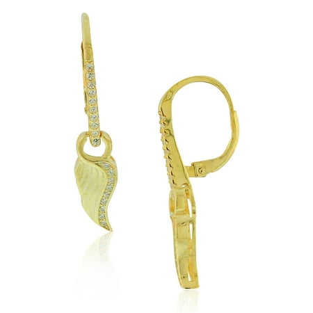 - 925 Sterling Silver Yellow Gold-Tone White Clear CZ Angel Bird Wings Drop Dangle Earrings, 1.30