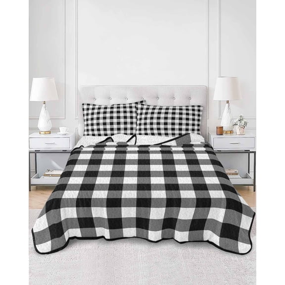 Quilts Full Size, Farmhouse Checkered Soft Comforter Bedding Set for Bed, Black White Buffalo Plaid Lightweight Quilted Bedspread with Pillow Cover(2 Pieces) for All Season, 78x90 Inch